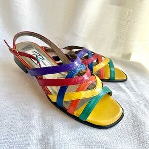 Ros Hommerson Rainbow Leather Multi-Color Strappy Slingback Sandals